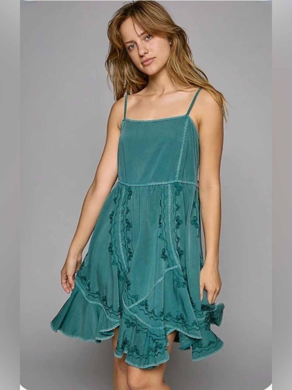NWT POL Smocked Teal Mini Dress Embroidered Flowy Women's Size M‎ BB